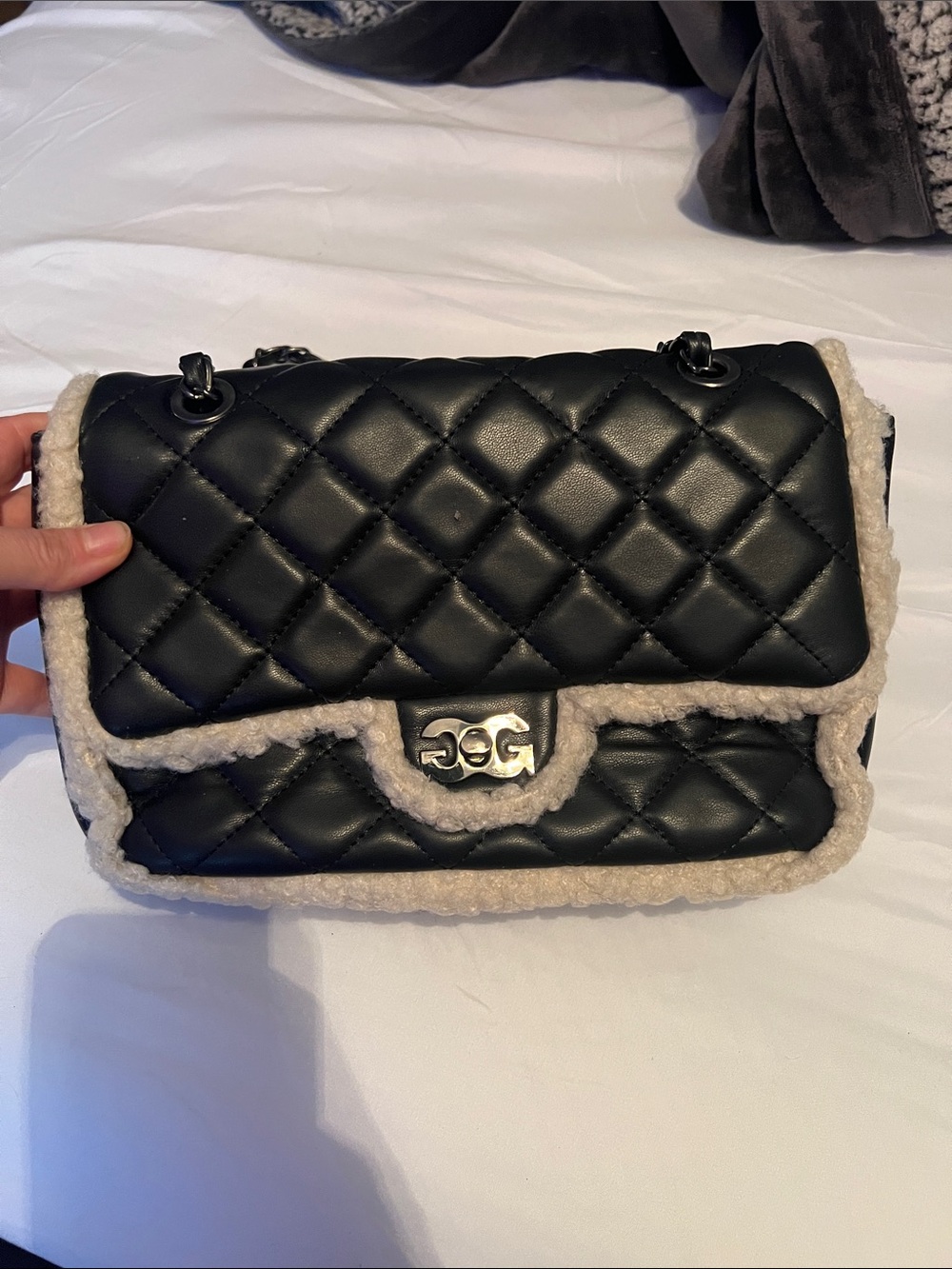Quilted Black Shoulder Bag with Cream Shearling Trim